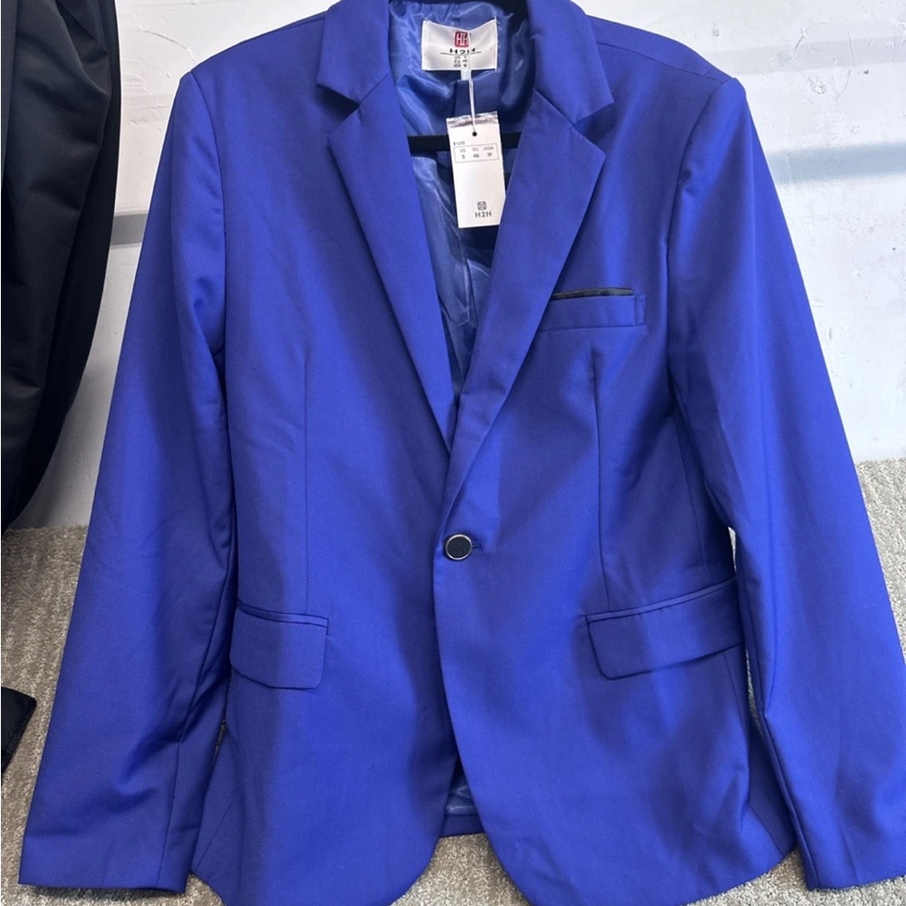 H2H Men's Blue Collared Formal‎ One Button Long Sleeve Blazer Jacket Suit US Sm
